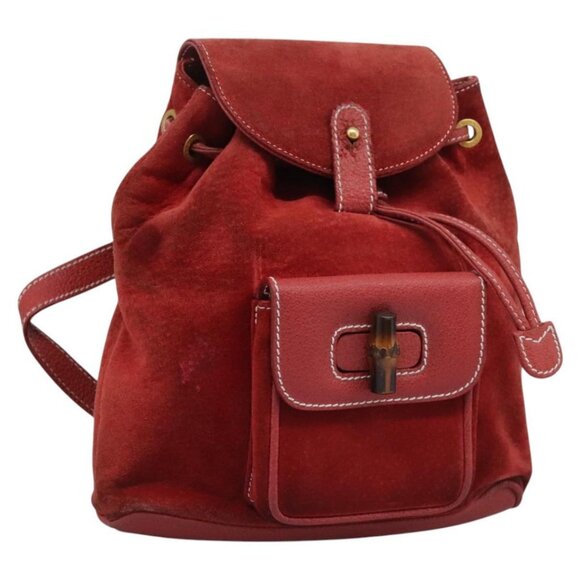 GUCCI Bamboo Backpack Suede Leather Red Gold 003 2852 0030 0 Auth th5663 - Picture 1 of 16
